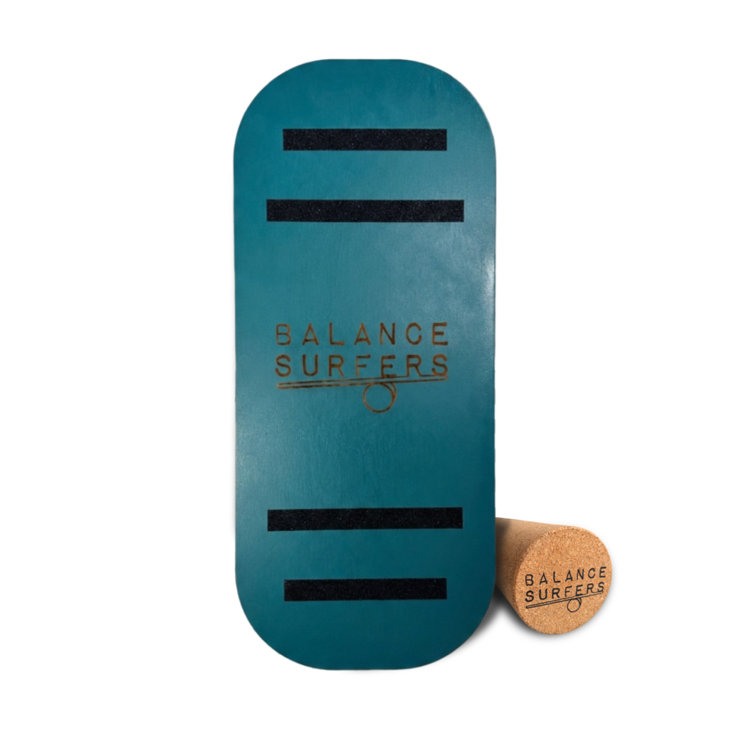 Tabla de equilibrio Balance Surfers Edición Minimal en color Aqua con rodillo de corcho natural y diseño funcional