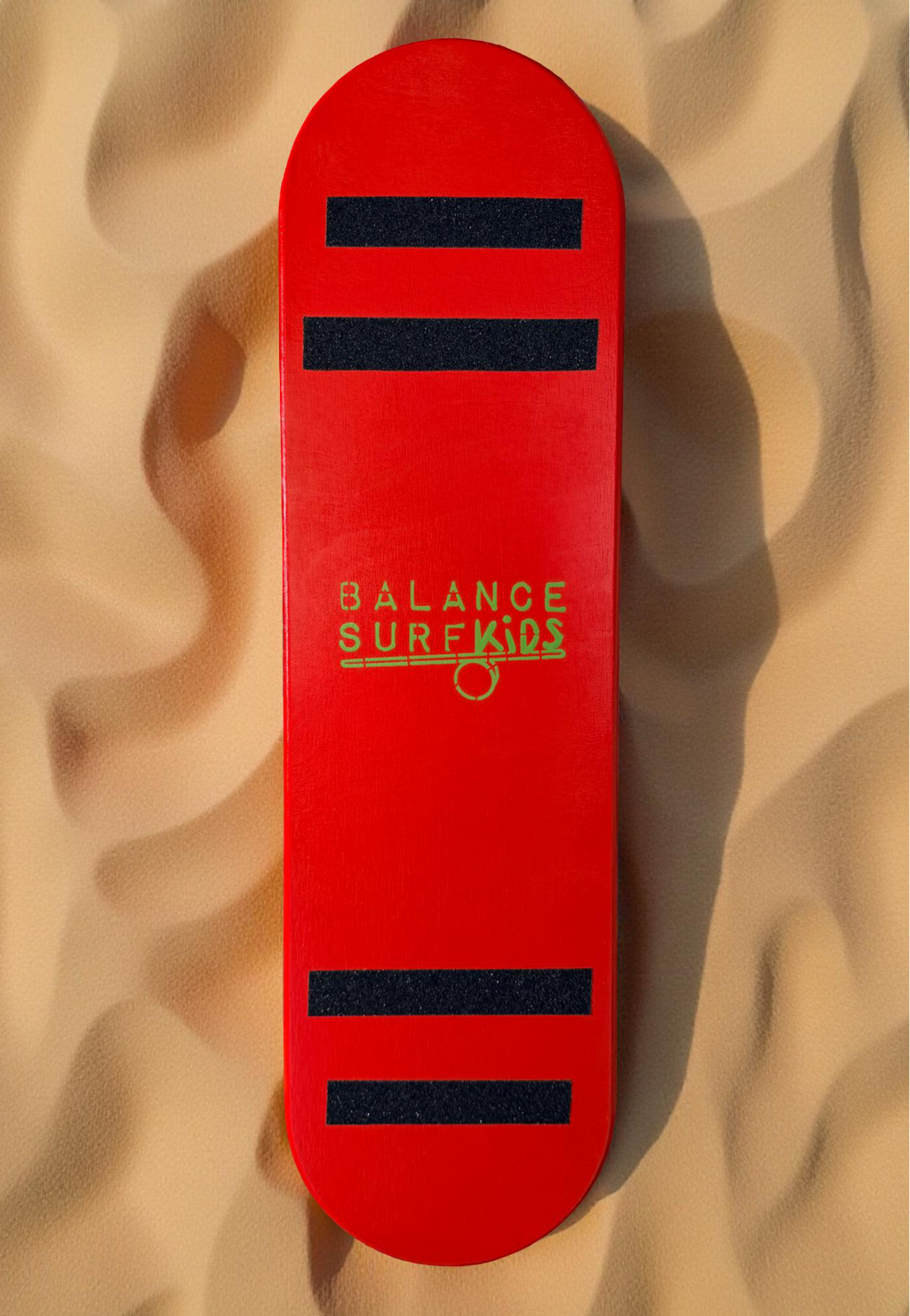 Tabla de equilibrio balance surfers con fondo rojo y logo en verde de Balance SurfKids, nuestra línea de niños con medidas 68x18cm